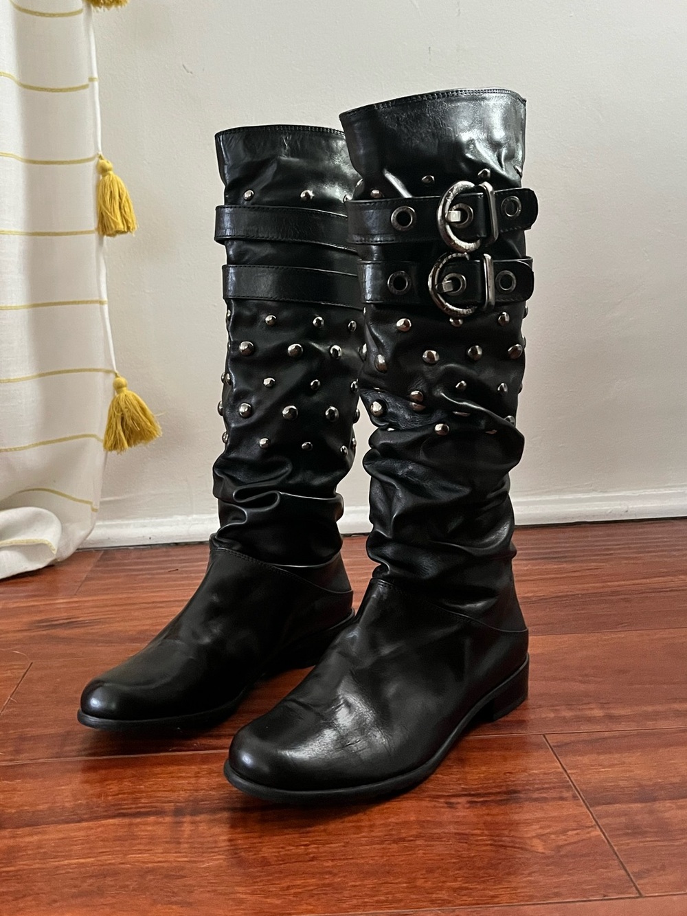 Studded Black Leather Knee-High Boots with Buckle Straps